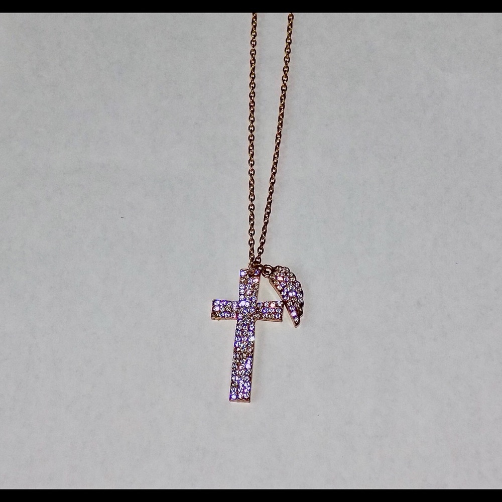 Studded Gold Cross and feather charm necklace